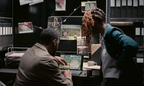African american officers examining criminal records in incident room, planning private investigation in police archive. Man and woman investors analyzing case files, reading statements.